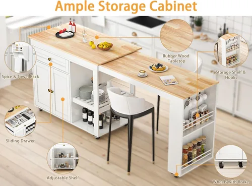 Miniatura 4 de Isla de cocina de 77.8 pulgadas con mesa extensible, isla de cocina rodante con armario de almacenamiento, cajones, estante para especias, toallero