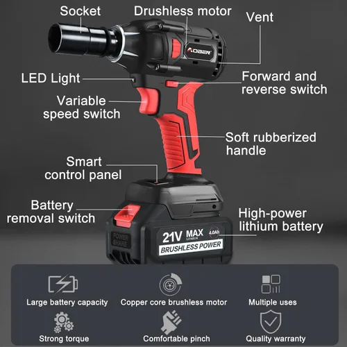 Miniatura 3 de AOBEN Llave de impacto inalámbrica de 21 V, potente motor sin escobillas con destornillador cuadrado de 1/2 pulgada, máximo 300 torque ft-lbs