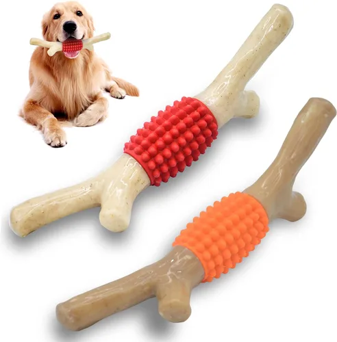 SCHITEC Juguete masticable para perros para masticadores agresivos, palo de dentición de nailon grande y goma resistente con sabor a madera de
