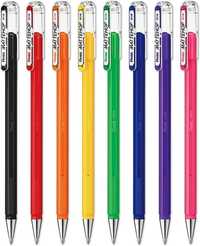 Pentel Mattehop - Bolígrafos de gel líquido, punta K110-0.039 in, 1 de cada color, paquete de 8 unidades, en embalaje de almohada