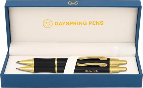 Dayspring Pens Monroe - Juego de bolígrafo y lápiz, laca negra con detalles dorados, grabado personalizado: graduación, promoción, aniversario o