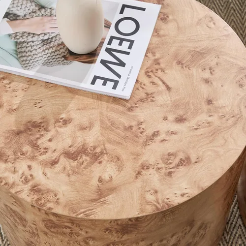 Miniatura 4 de Ya-Home Juego de 2 mesas auxiliares redondas, mesa auxiliar anidable de madera para sala de estar, balcón, oficina, color natural Burl, sin montaje