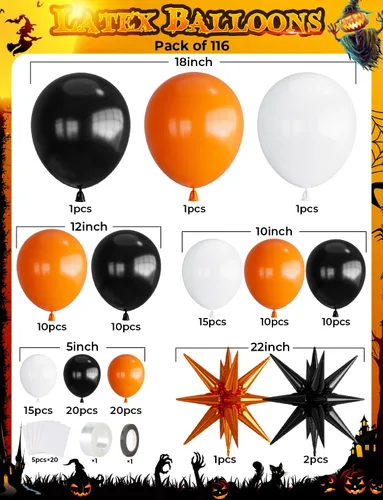 Miniatura 5 de Kit de arco de guirnalda de globos de Halloween, 116 piezas de arco de globos naranja y negro blanco, globos de papel de aluminio con estrella