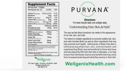 Miniatura 9 de Wellgenix Purvana Suplemento para la piel y las uñas – 2500 mcg de biotina cápsulas blandas con MSM y complejo B – Soporte diario de belleza