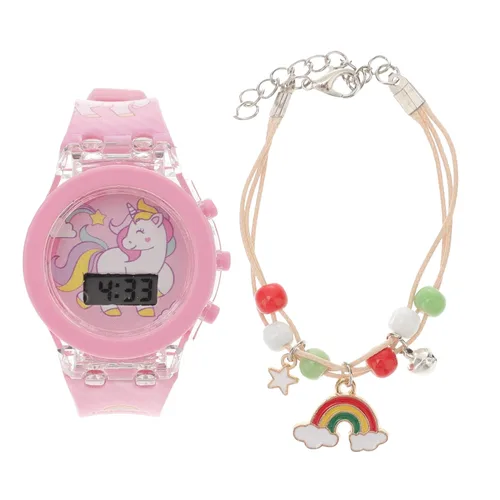 TEHAUX Reloj para niños, reloj de unicornio de dibujos animados, reloj de silicona elegante y luminoso con pulsera para niña (rosa, embalaje