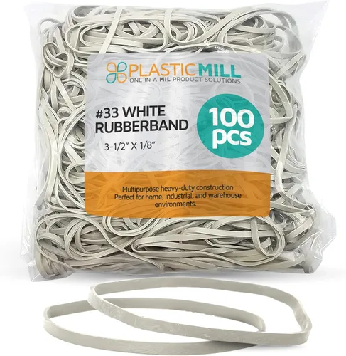 PlasticMill Bandas de Goma Blancas Tamaño 33 (3 1/2" x 1/8") - Bandas de Goma #33 Suministros de Oficina - Bandas Fuertes y Elásticas para Blanco