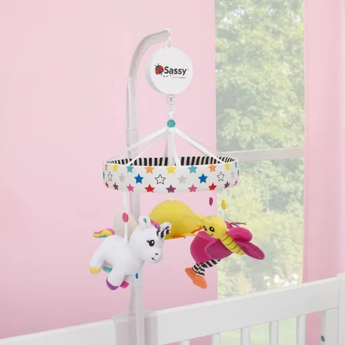 Miniatura 2 de NoJo Sassy Baby Ulbright Unicornio Negro, Blanco y Multicolor Desarrollo Peluches Peek-a-Boo Espejo Musical Mobile