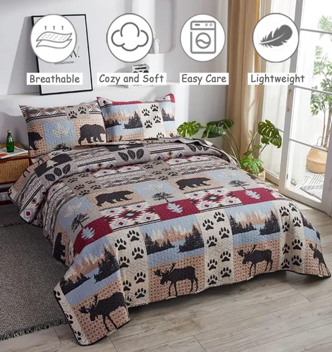 Miniatura 2 de CHESITY Juego de edredón rústico de tamaño individual, juego de ropa de cama de cabaña de alce y oso, colcha cosida, juego de cama reversible