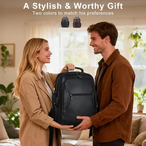 Miniatura 9 de TIDING Mochila de cuero genuino para hombres de gran capacidad 17.3 pulgadas portátil bolsa negra impermeable negocios trabajo viaje mochila