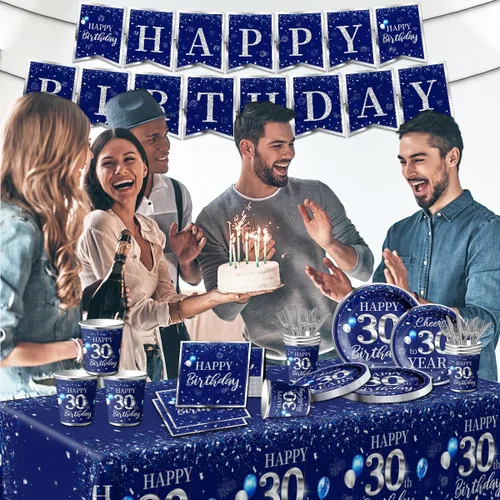 Miniatura 2 de GREHUMOR Juego de 142 piezas de cubiertos y mantel para decoración de cumpleaños número 30, plateado y azul, suministros de fiesta de cumpleaños