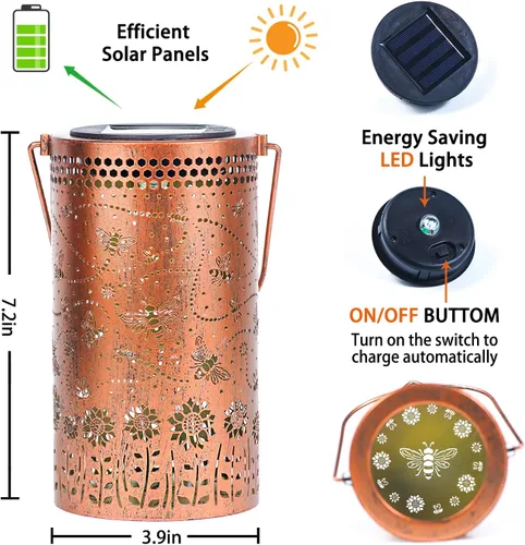 Miniatura 6 de Paquete de 2 linternas solares colgantes de abejas al aire libre, impermeables, luces LED solares de metal, linternas decorativas para jardín