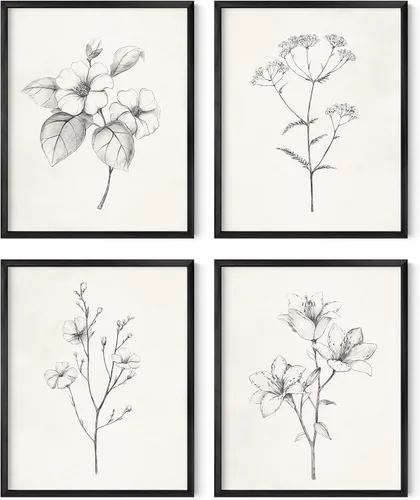 HAUS AND HUES Arte de pared floral gris, juego de 4 pósteres de plantas para pared vintage, impresiones botánicas, cuadros de flores en blanco y