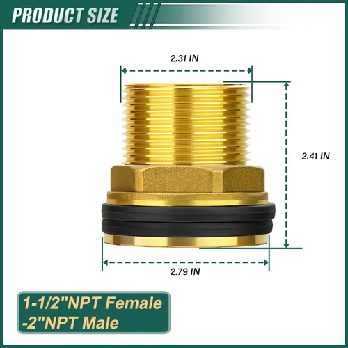 Miniatura 2 de Conector de tanque de agua de latón, 1-1/2 "NPT hembra 2" NPT macho, adaptador de tanque de mamparo, con anillo de goma, para torres de agua/varias