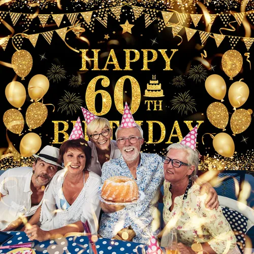 Miniatura 2 de Cartel de cumpleaños número 60, negro y dorado, 71 x 45 pulgadas, decoración de feliz cumpleaños 60 Oro negro 60