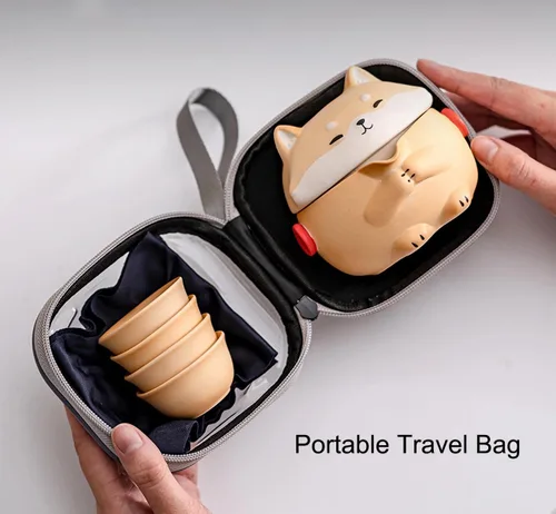 Miniatura 3 de Mini juego de té Gaiwan, linda tetera Shiba Inu con bolsa portátil para viajes, tetera china de gongfu de cerámica con 4 tazas de té de cerámica.