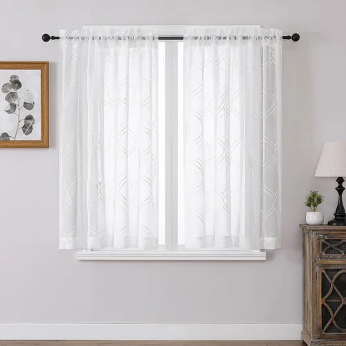 Miniatura 47 de VISIONTEX Cortinas traslúcidas blancas de 63 pulgadas de largo, juego de 2 paneles de bordado marroquí con puntos beige, tela de gasa bordada