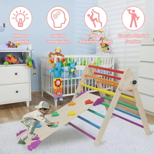 Miniatura 10 de Juego de Triángulo Pikler 5 en 1, Parque Infantil Interior y Gimnasio para Niños, Juego de Escalada Montessori de Madera Plegable Conjunto