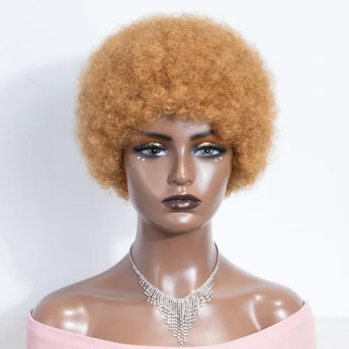 Joedir HAIR - Pelucas cortas de cabello humano afro para mujeres negras, rubio miel, peluca afro crule, suave y flexible, sin pegamento, densidad 27