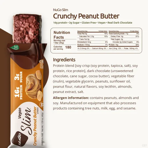 Miniatura 2 de Nugo Mantequilla de maní crujiente de chocolate oscuro, 0.66 onzas de proteína vegana, 0.11 onzas de azúcar, 0.11 onzas de fibra, baja