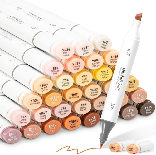 Ohuhu - 36 marcadores a base de alcohol en colores pastel para niños y adultos, doble punta (biselada y fina), para colorear e ilustrar. Incluye 1