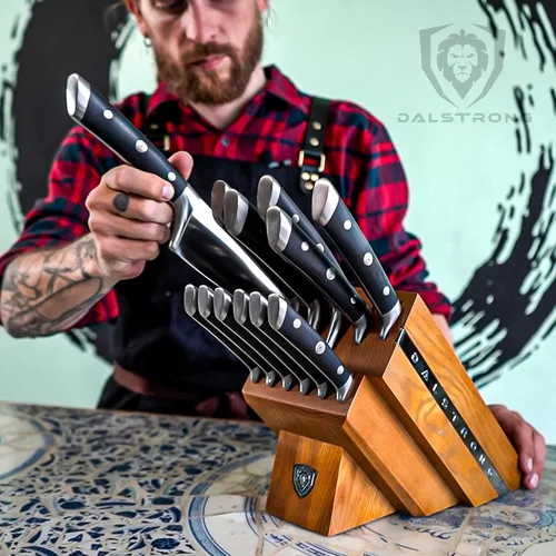Miniatura 9 de Dalstrong Juego de bloques de cuchillos Elite de 12 piezas, acero alemán de alto carbono, espiga completa, pulido a mano, chef + Santoku + Nakiri +