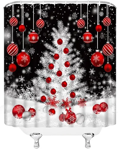 Miniatura 3 de Cortina de ducha de Navidad, árbol de Navidad, bolas rojas, copo de nieve, invierno, vacaciones, fantasía, Año Nuevo, decoración de baño, cortinas