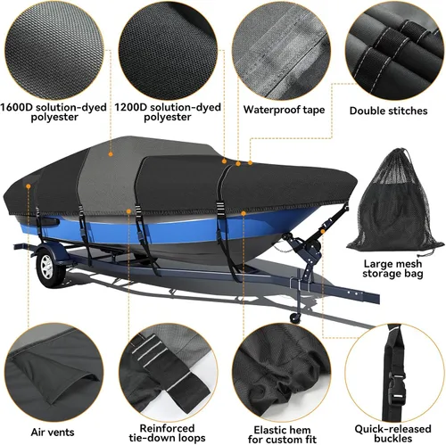Miniatura 8 de Funda para barco 1600D + 1200D con bucles de 2 pulgadas de ancho para remolque y amarre, ultraduradera, impermeable, se adapta a Tri-Hull, V-Hull