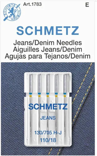 SCHMETZ Agujas para máquina de coser Jean & Denim - Agujas de precisión para tela pesada, tamaño 110/18, tarjetas de 5 agujas, paquete de 1