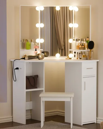 Escritorio pequeño de esquina con espejo y luces, mesa de tocador de maquillaje para dormitorio con cajones deslizantes y armario de almacenamiento,