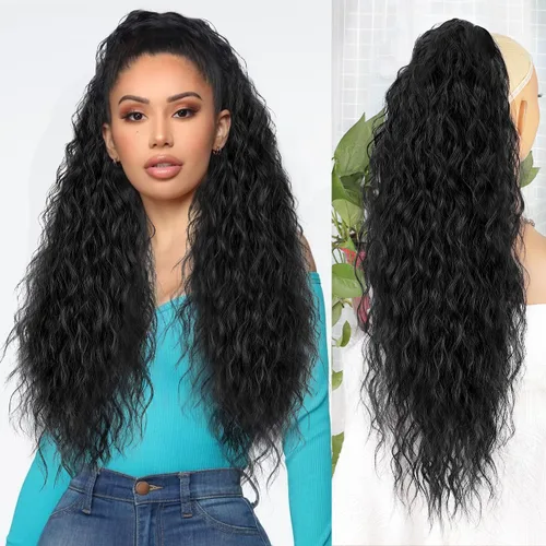 ALXNAN Cola de caballo con clip de garra, extensión de cola de caballo negra de 26 pulgadas para mujer, extensiones de cabello sintético sintético