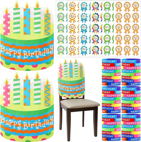 Miniatura 8 de Ctosree Kit de 140 piezas de cumpleaños para el aula: funda para silla, pulseras de goma, calcomanías de insignia para escuela, estudiantes