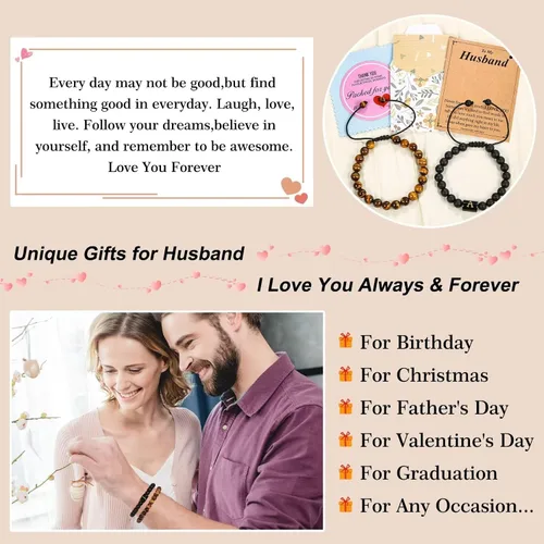 Miniatura 5 de MONOZO Regalos para el día del padre regalos para hombres y niños, 0.315 in, ojo de tigre y ágata negra, pulsera inicial con cuentas de piedra