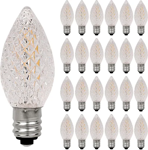 Paquete de 25 bombillas LED transparentes C7, bombillas de repuesto de Navidad con base de candelabro E12, bombillas blancas cálidas inastillables