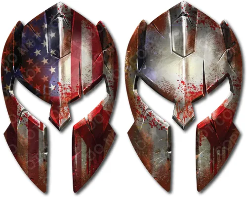 Miniatura 8 de Paquete de 3 calcomanías de vinilo para casco espartano de Estados Unidos, diseño de bandera estadounidense desgastada, gladiador, pistola