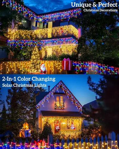 Miniatura 7 de Luces solares de Navidad para exteriores, 640 LED, 16 pies + 60 pies, luces solares de carámbano que cambian de color, impermeables, con 13 modos