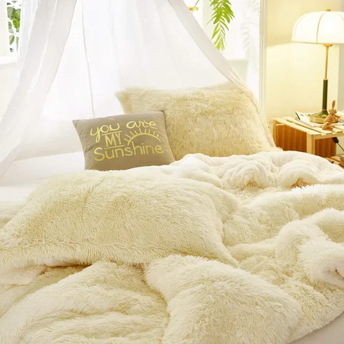 Miniatura 7 de Juego de edredón de lujo de pelo sintético lanudo tamaño matrimonial/queen, edredón reversible de felpa y sherpa, color beige, juego de ropa de cama