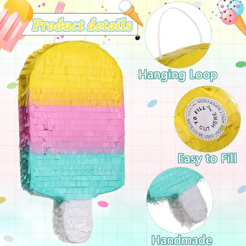 Miniatura 3 de Sratte Piñata de helado con palo para los ojos vendados, decoración de fiesta de cumpleaños de verano, 16.1 x 7.9 x 3.2 pulgadas, piñata Icepop