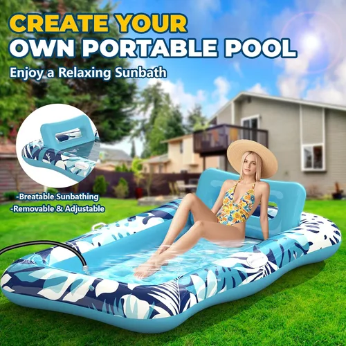Miniatura 2 de Pool Floats Adult,76" x 48" XL Inflatable Tanning Pool Lounger Float with Pillow,4 in 1 Suntan Tub Sunbathing Raft Floatie Water-Filled Mattress Azul
