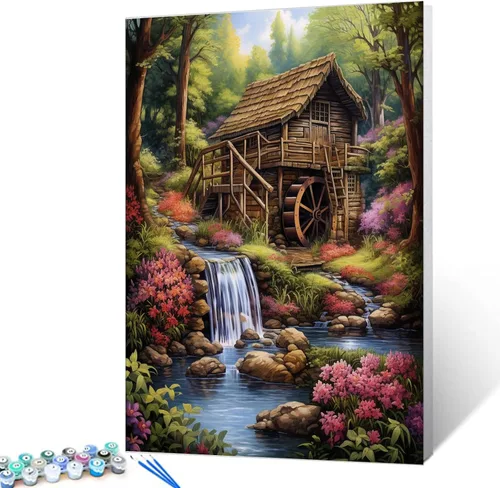 Miniatura 10 de Tucocoo Kit de pintura de flores para casa por números con pinceles y pigmento acrílico sobre lienzo para adultos, paisajes de bosques arroyos