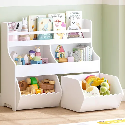 Spirich Organizador de almacenamiento de juguetes para niños con estantería, armario de almacenamiento de juguetes de 3 niveles, estante para