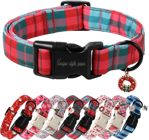 Miniatura 14 de Collar de perro de Navidad de Unique Style Paws con hebilla de plástico y colgante, a cuadros rojo y negro, collares de algodón para cachorros