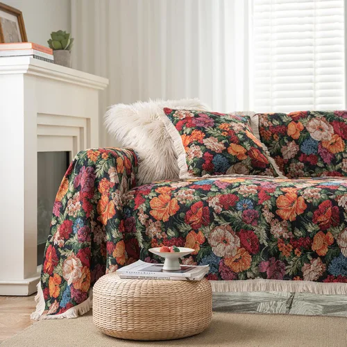 Miniatura 13 de vctops Fundas de sofá jacquard vintage para sofá seccional patrón de pájaros funda de sofá con flecos para perros fundas de sofá de dos plazas funda