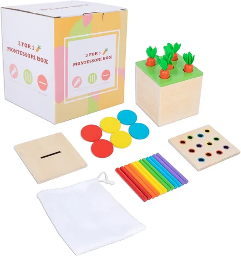 Juguetes Montessori de madera para regalos de bebé de 1, 2 y 3 años, la caja del kit de juego incluye juegos de cosecha de zanahorias, caja de