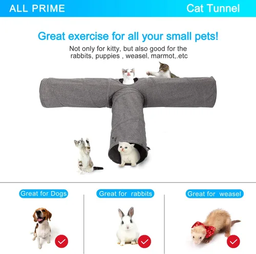 Miniatura 8 de Ownpets Túnel para gatos, túnel plegable de 3 vías, tubo para gatos de 47 pulgadas de largo con bola de felpa y juguete de plumas, túnel de juego