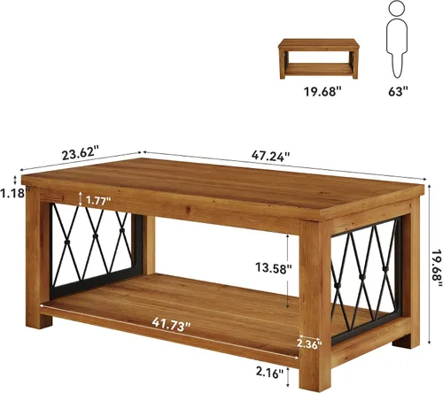Miniatura 2 de Mesa auxiliar de madera maciza de 47.2 pulgadas, diseño de almacenamiento de 2 niveles, mesa de cóctel central rectangular de granja, marco de metal