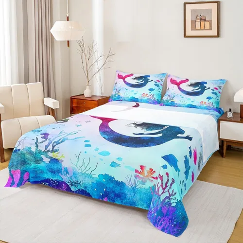 Miniatura 23 de Erosebridal Sábanas de sirena azul para niñas, juego de sábanas de unicornio lindo tamaño matrimonial, 4 piezas para niños, sábanas de arcoíris