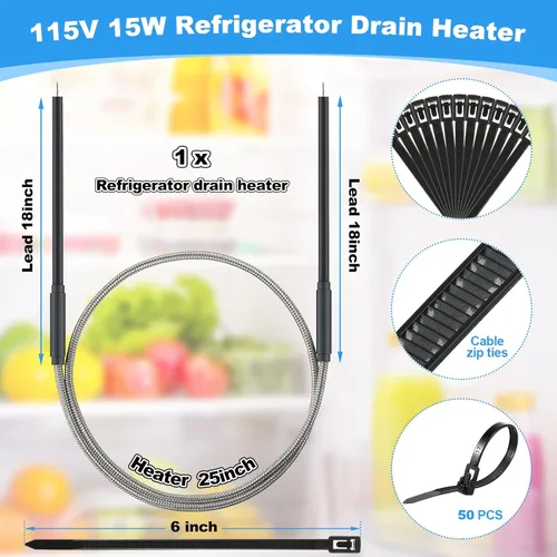 Miniatura 2 de Punta de calentador de drenaje 7/16 de diámetro, 115 V, 15 W, 25 pulgadas de largo, alambre calentador para refrigerador con 50 bridas