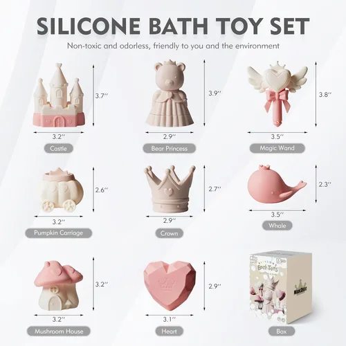 Miniatura 4 de MarcZero Juguetes de Baño de Silicona Princesa 8 Piezas para Niños Pequeños Niños Bebés, Juguetes de Agua para Bañera, Conjunto de Juguetes de Rosa