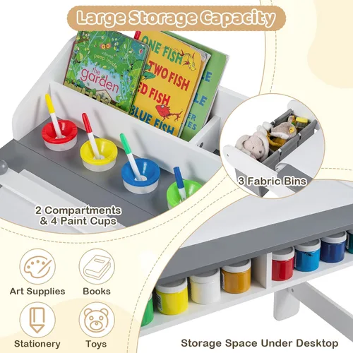Miniatura 4 de Costzon Mesa y silla de arte para niños, mesa de madera para manualidades con rollo de papel y contenedores de tela para dibujar, leer, estudiar
