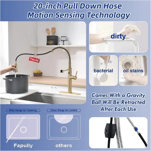 Miniatura 5 de Fapully Grifo de cocina sin contacto con rociador extraíble, sensor de movimiento dorado cepillado, inteligente comercial de una sola manija, grifo